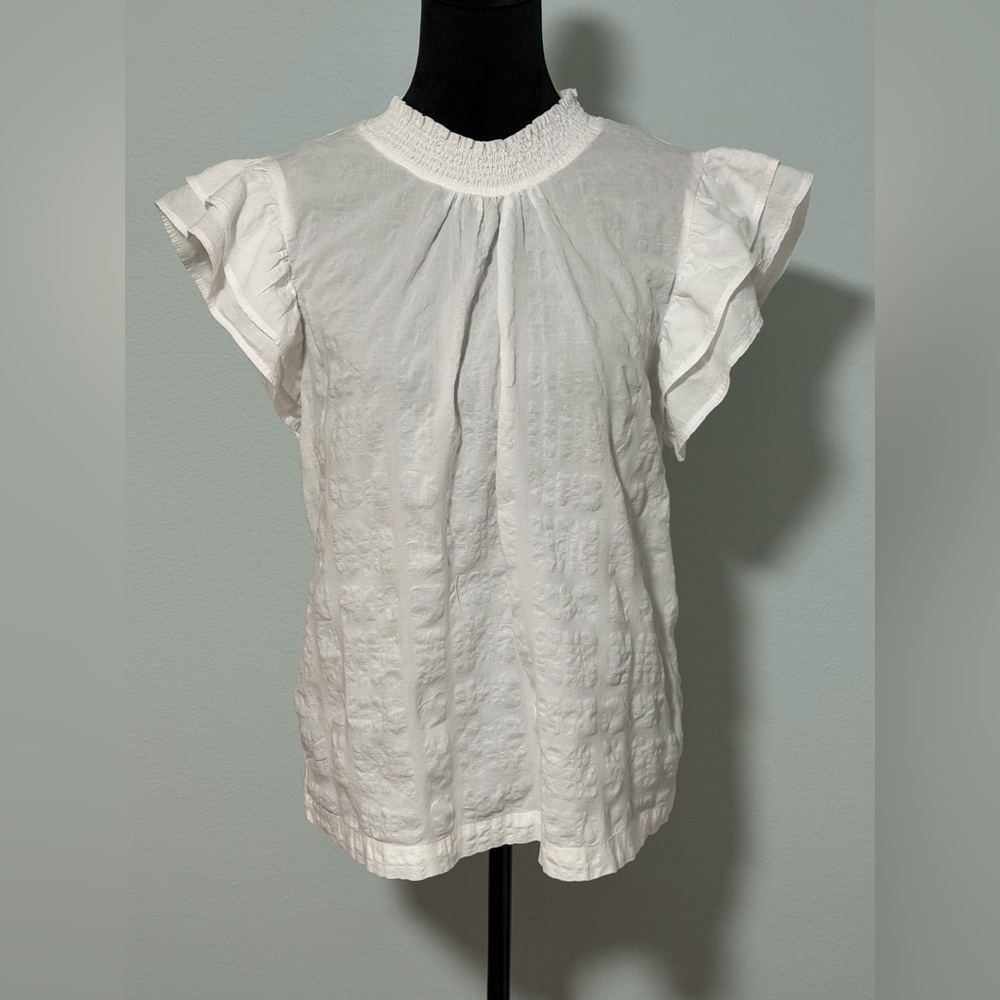 THML White Ruffle Sleeve Smocked Neck Blouse